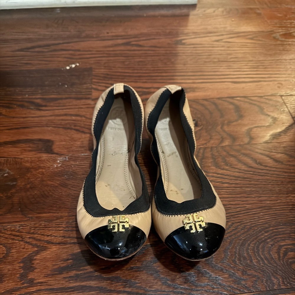 Tory Burch Black and Tan Cap-Toe Flats